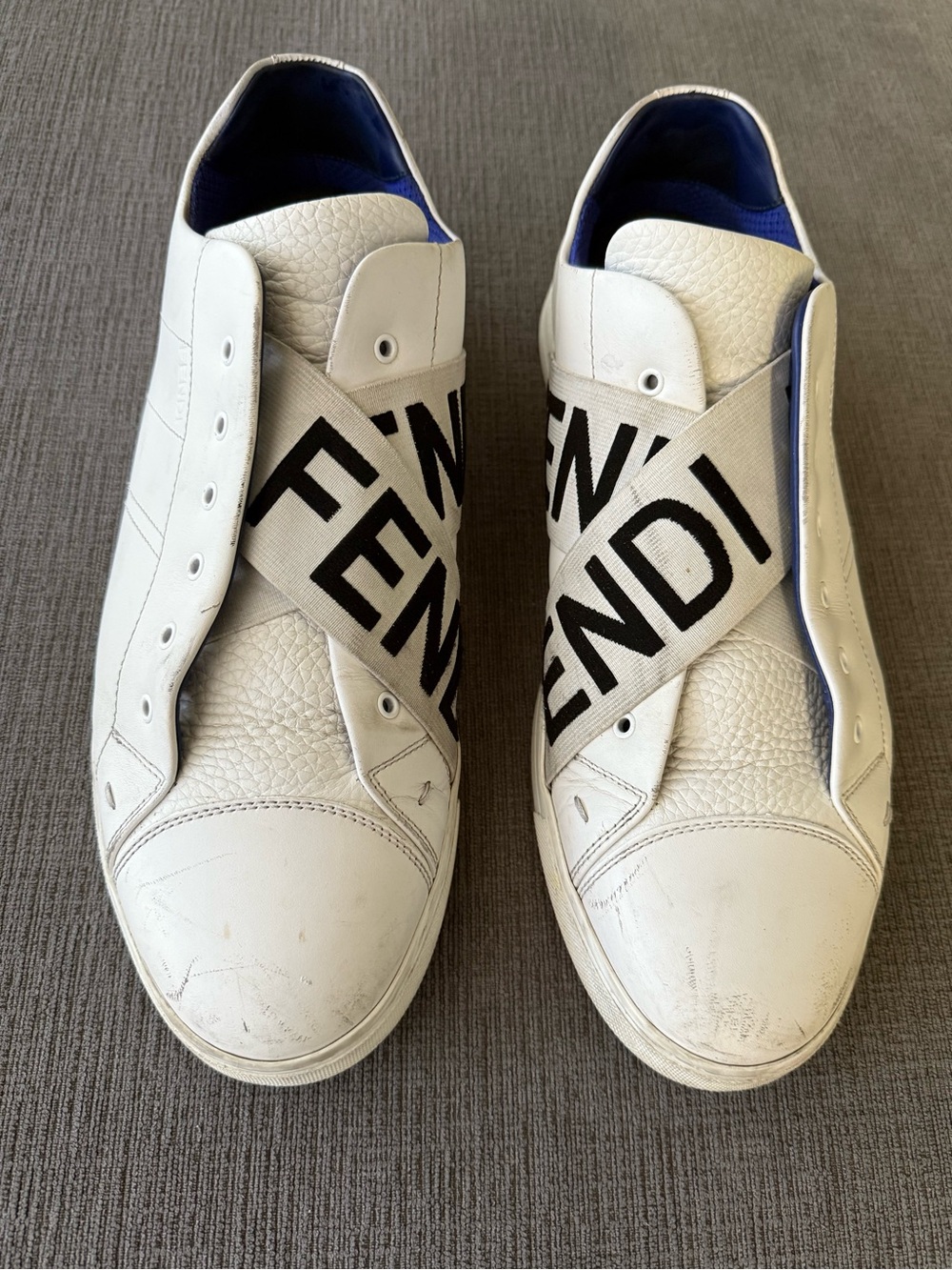 Fendi White Leather Men's Slip-On Sneakers with Black Logo Cross Straps size 10